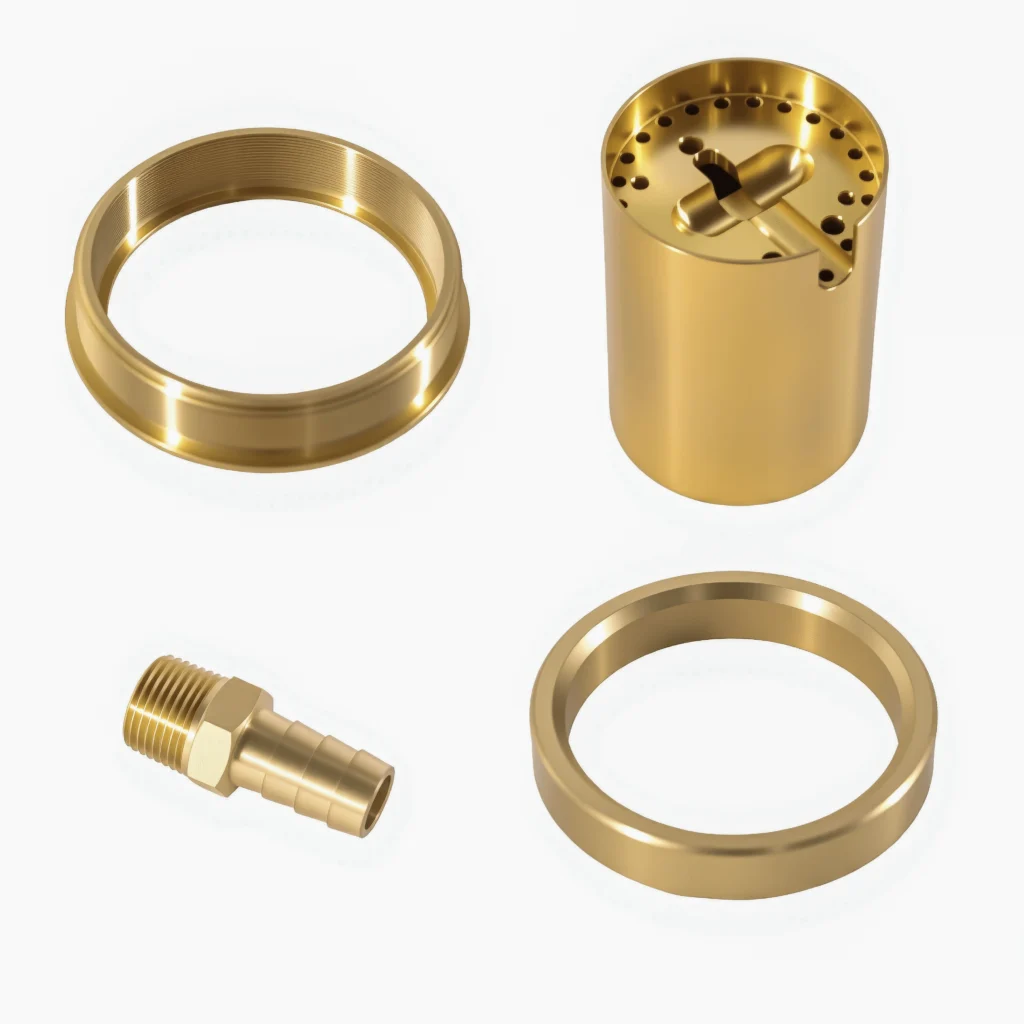CNC machined brass parts including threaded ring, precision cylinder, hose fitting, and sealing ring